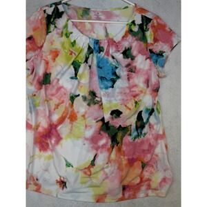 Worthington Petite PXL Watercolor Floral Short Sleeve Blouse Womens Pink
